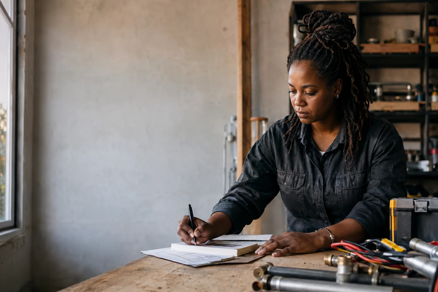 Black tradeswoman reviewing plans in her workshop